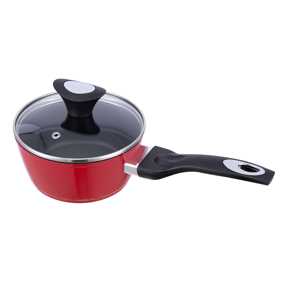 Panci Aluminium Anti Lengket Hitam/Merah 16*7.5Cm dengan Tutup Kaca JY-RF29-1-1675