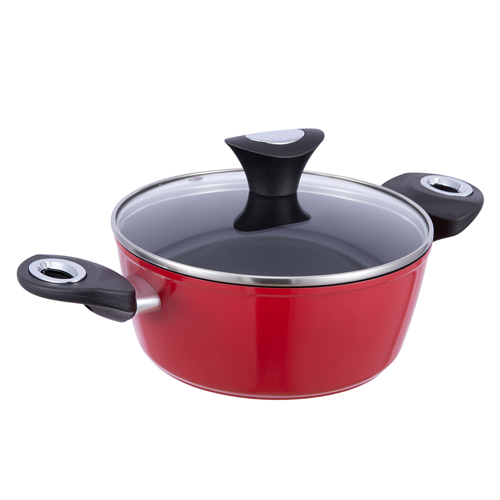 Panci Aluminium Anti Lengket Hitam/Merah 24*10.5Cm dengan Tutup Kaca JY-RF29-1-24105